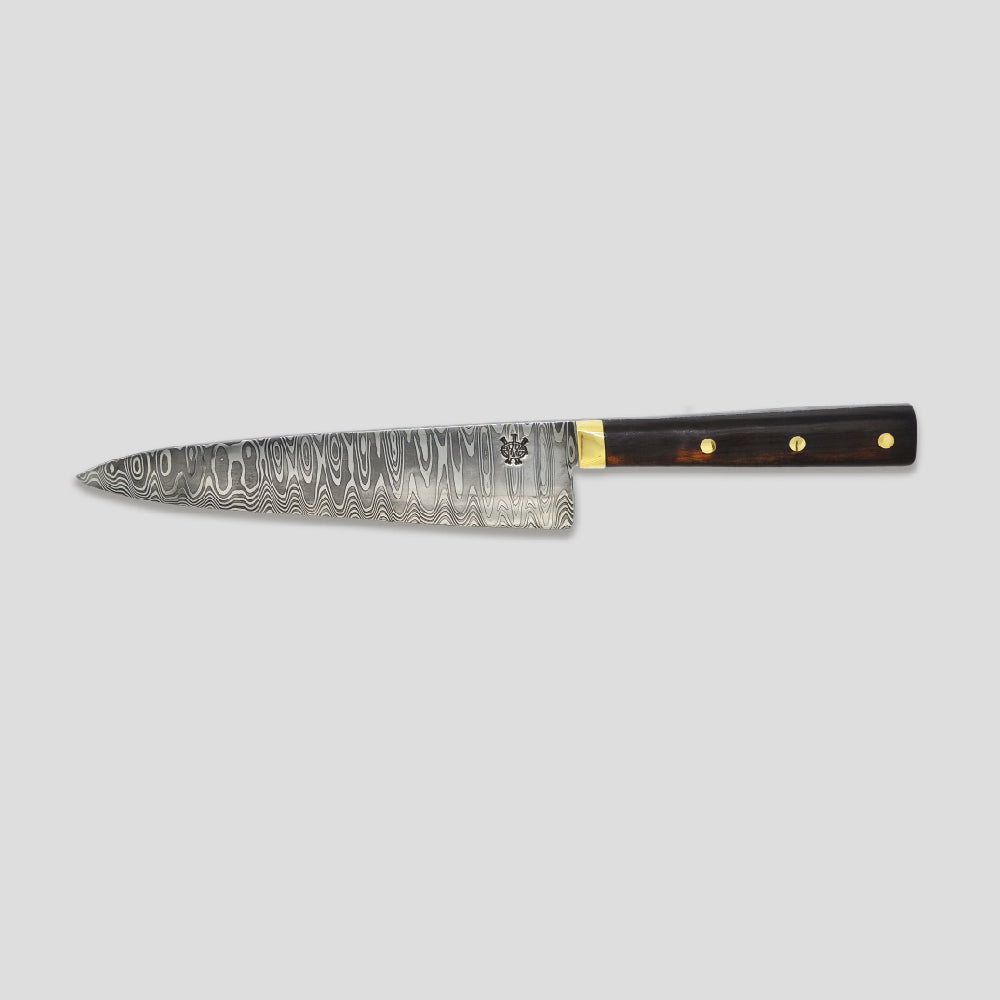 Vista completa del Cuchillo Damasco Emberwood Patrón Leader